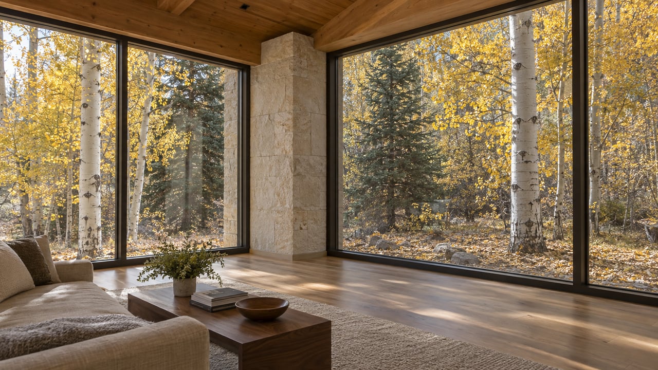 Great room with timber ceiling, limestone pier, and bronze-framed windows overlooking golden aspens.