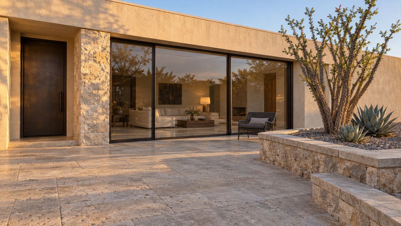 Warm evening light grazes a stone terrace and cream stucco home, beside a raised planter of ocotillo and agaves.