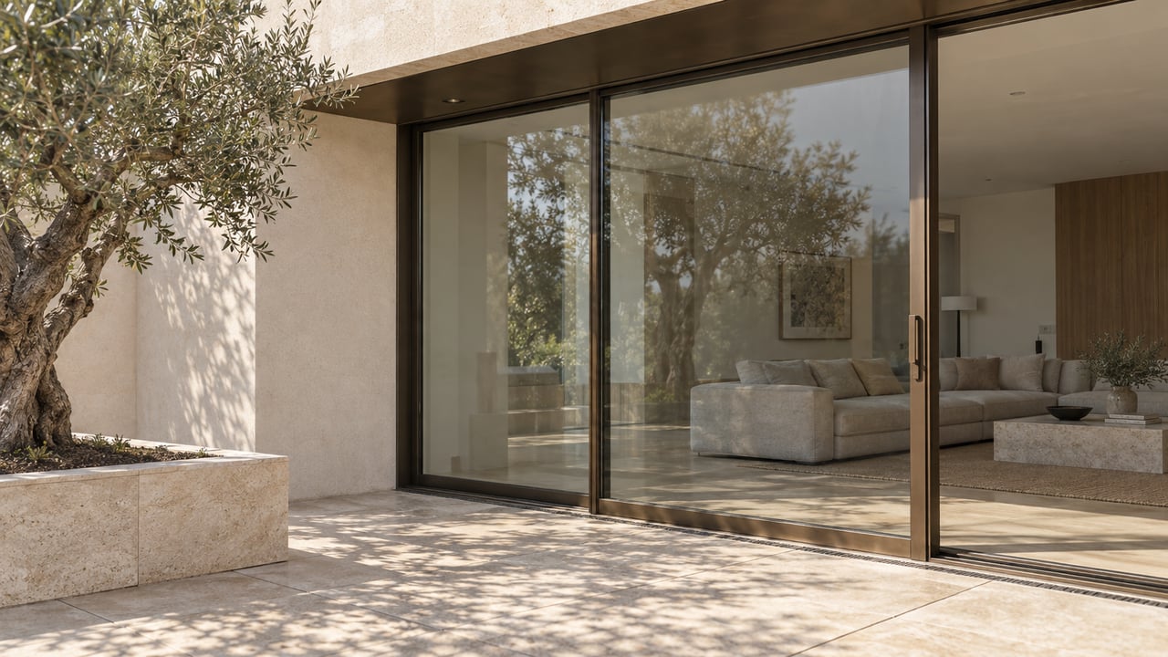 Penthouse terrace with an olive tree beside closed bronze-framed glass doors and a quiet living room.