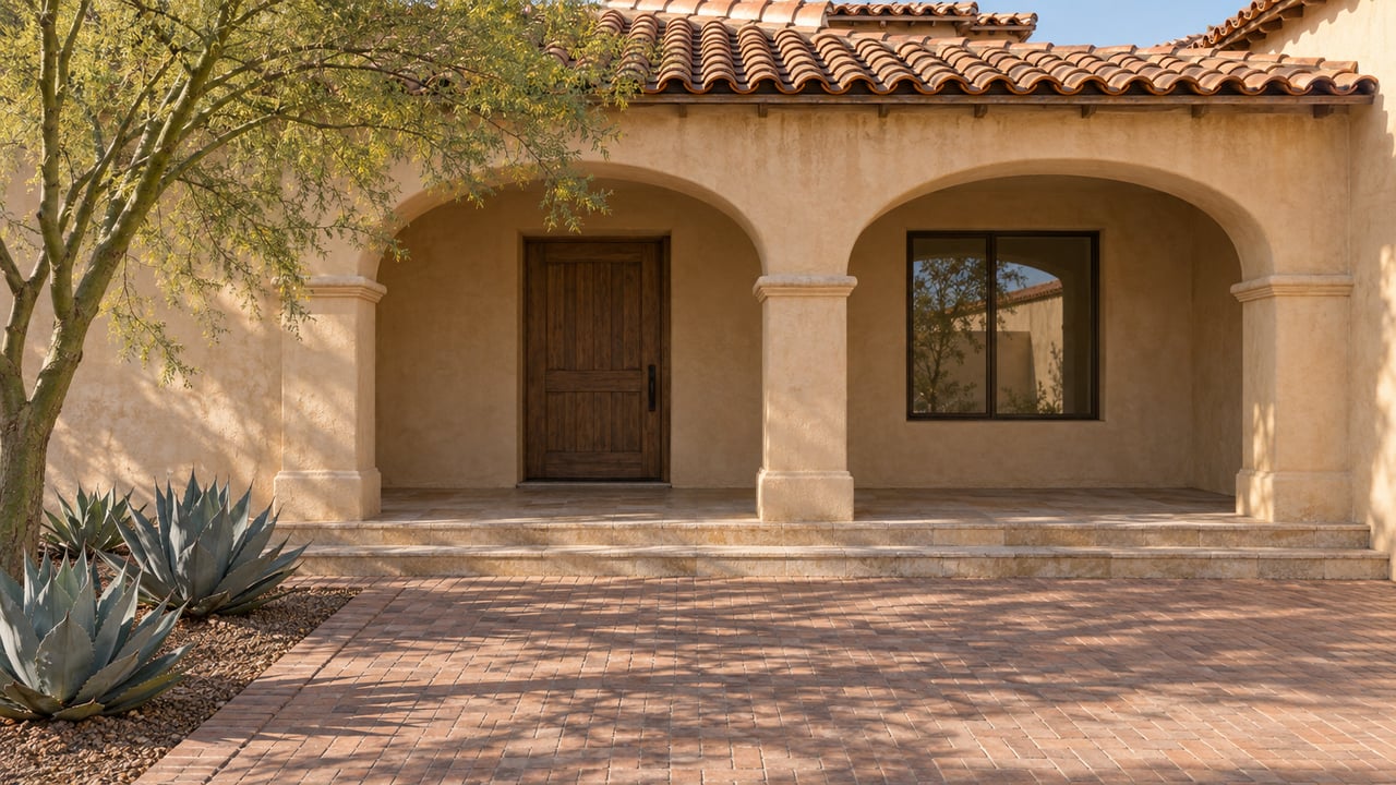 Warm stucco home with two arched porch openings, terracotta roof tiles and a brick courtyard beside a sculptural green-trunk tree and three agaves.