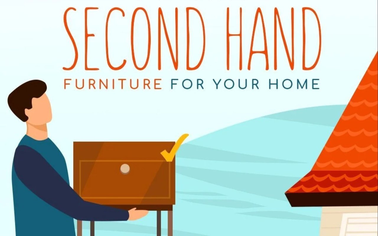 Illustration promoting second-hand furniture, showing a person holding a wooden chest beside a house.