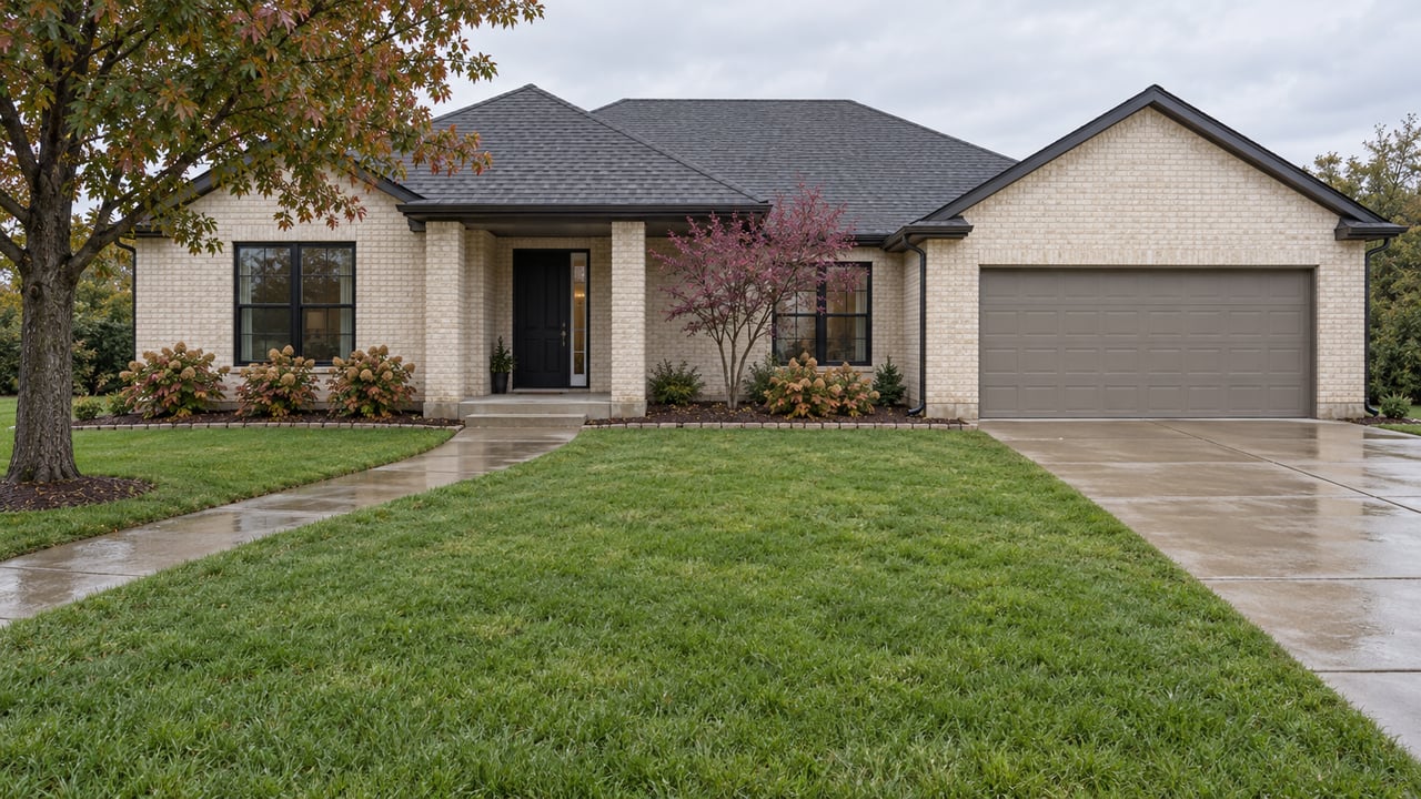 White brick home with a dark roof, two-car garage, landscaped yard, and curved front walkway.