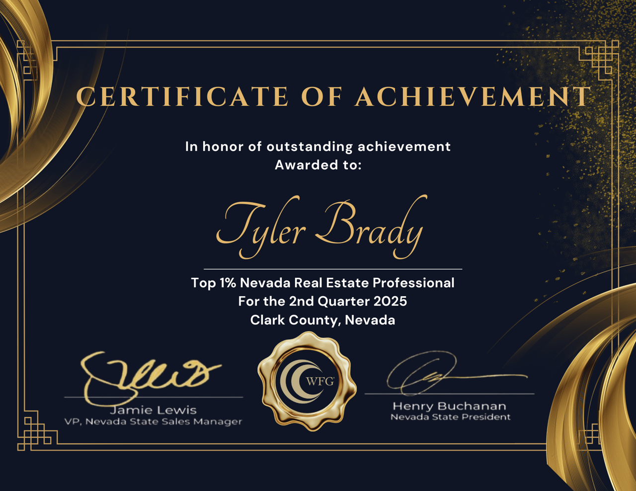 Certificate recognizing Tyler Brady as a top 1% Nevada real estate professional for Q2 2025 in Clark County.
