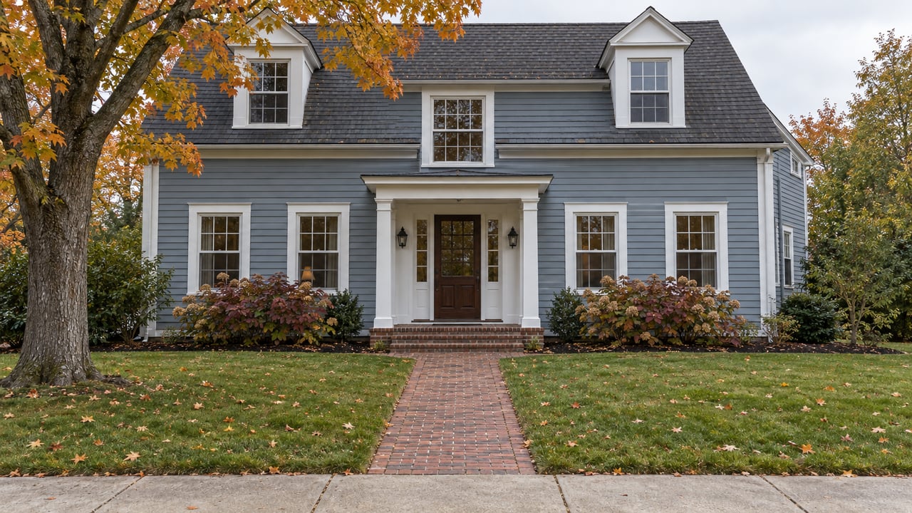 Blue-gray clapboard house with a centered white porch, deep front lawn, brick walk and autumn maple.