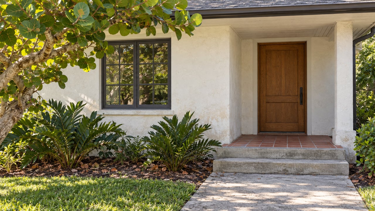 Renovated bungalow with a warm oak door, charcoal-framed window, and leafy plants beside the concrete steps.