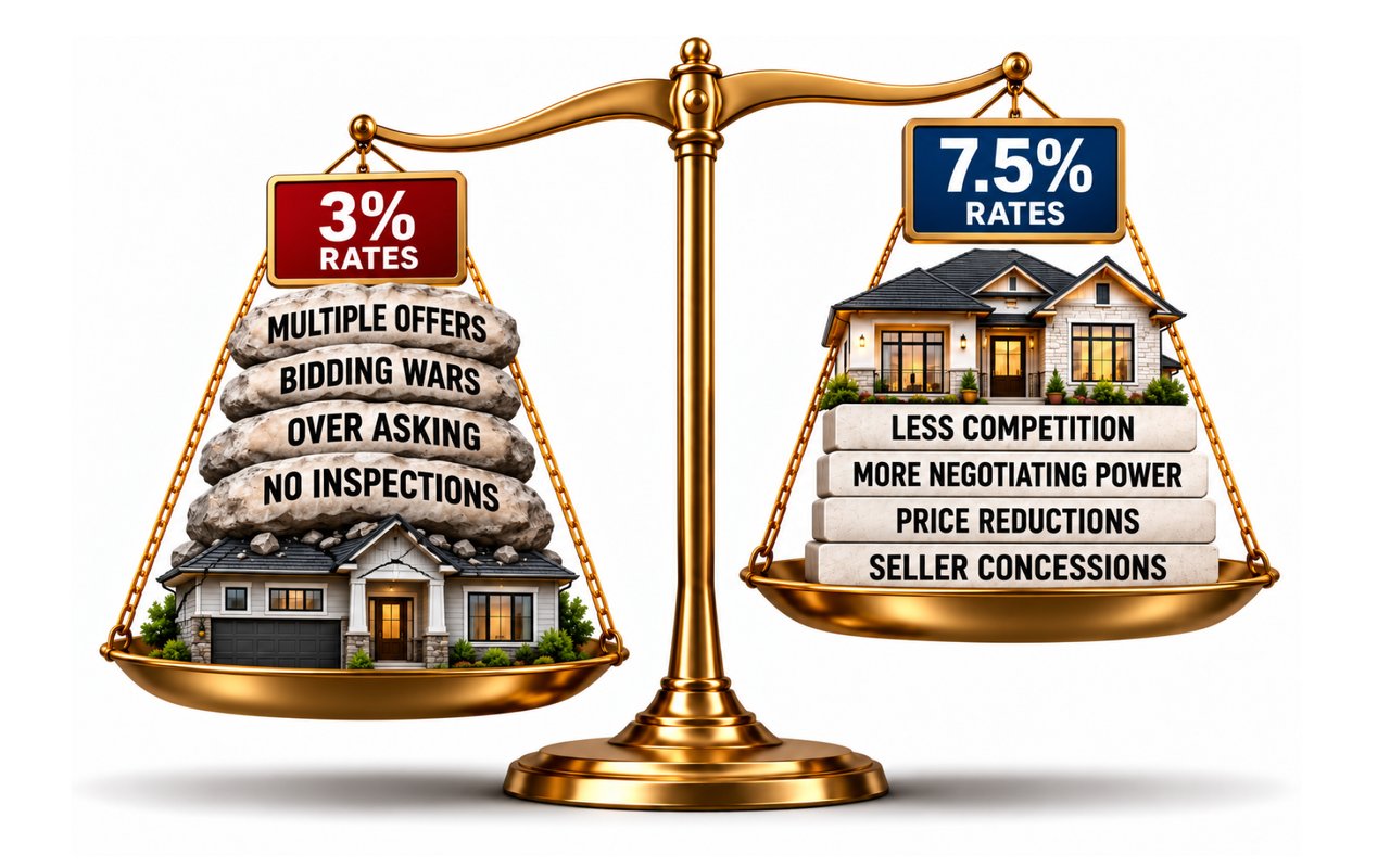 A balance scale compares 3% mortgage rates and bidding wars with 7.5% rates and greater buyer negotiating power.