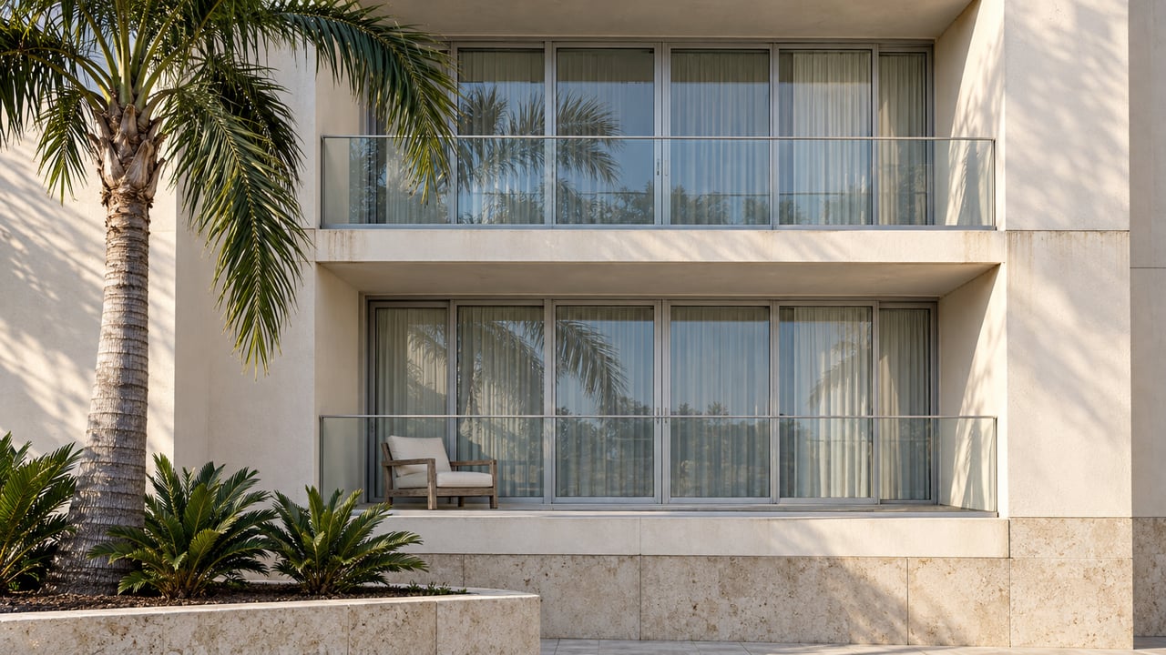 Two recessed condominium balconies with ivory stucco, pale limestone, closed sliding glass doors and a sculptural palm in the foreground.