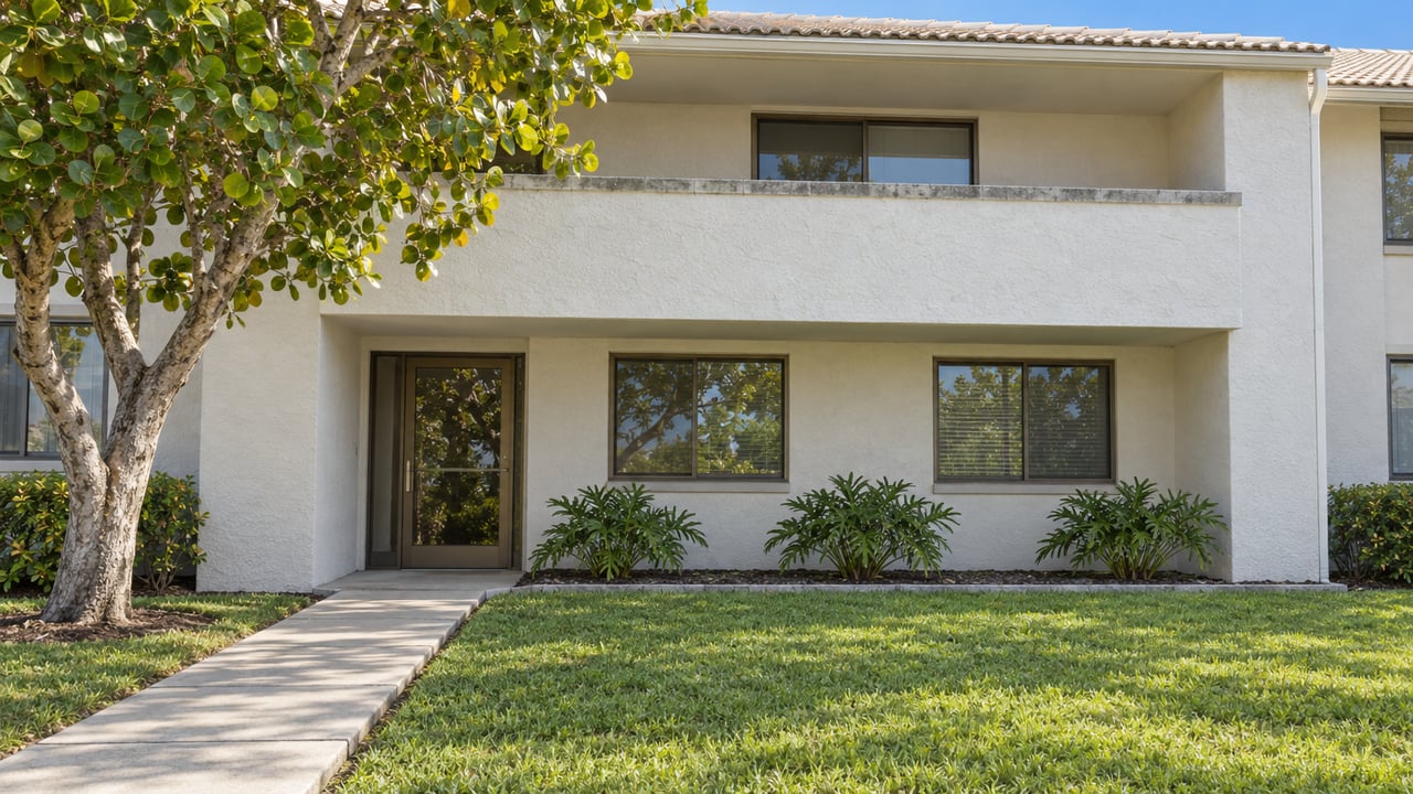 An established white-stucco condominium with bronze-framed windows, a shaded entry, and a shared lawn beside a mature sea grape tree.