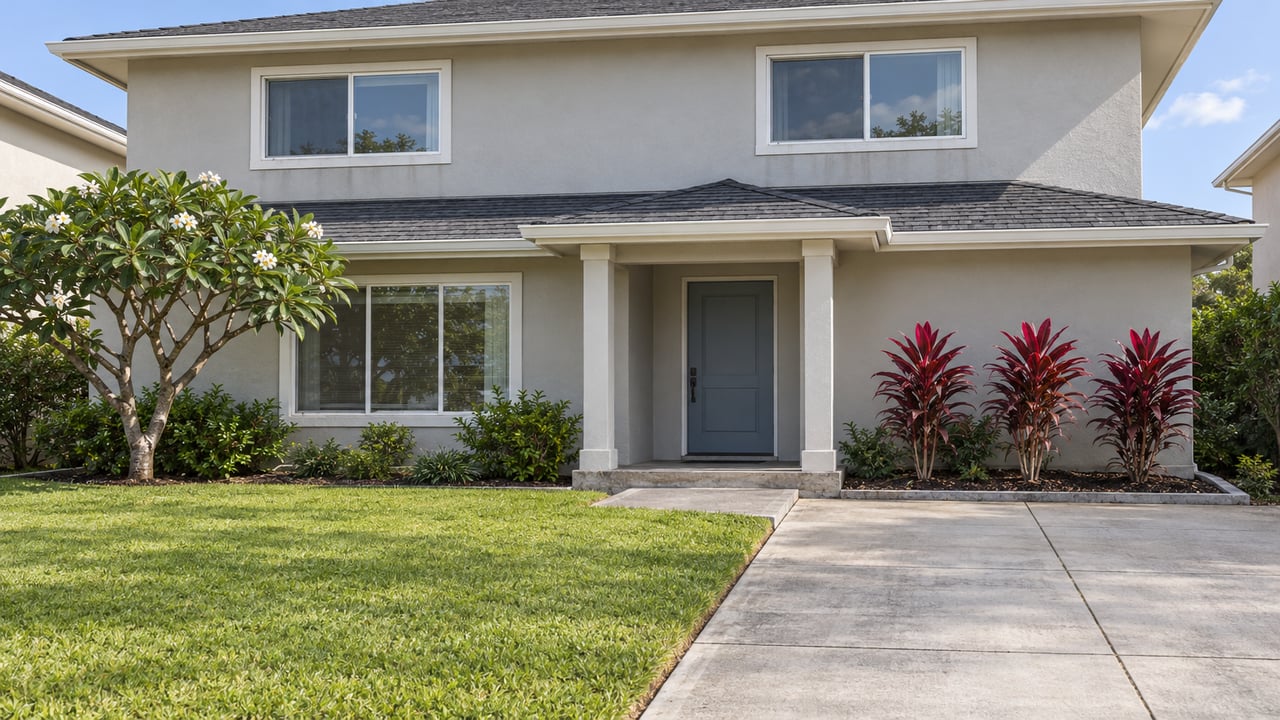 Two-story light stucco home with a concrete driveway, clipped lawn, covered entrance and a flowering plumeria tree.