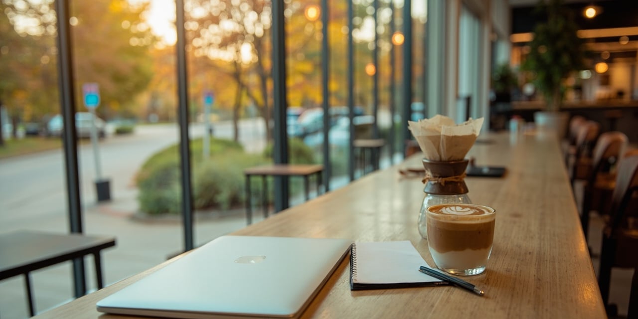 Cafe counter with a latte, pour-over coffee, notebook, and laptop beside autumn-facing windows.