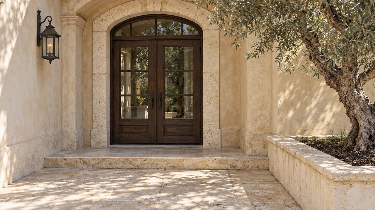 Sunlit limestone entry terrace beside an olive tree, with dark timber French doors set in a warm stucco and pale stone arch.