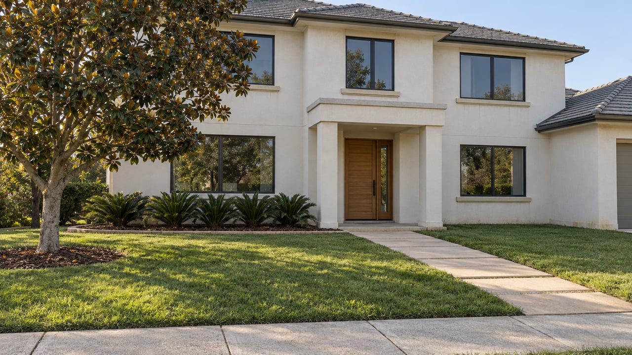 Sunlit two-story stucco home beyond a deep lawn and diagonal paver walk, with a magnolia tree beside the approach.
