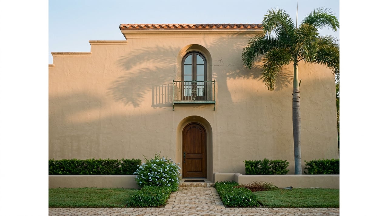 Two-story tan stucco house with a terracotta-tiled parapet, arched entry, balcony, and paver walkway.