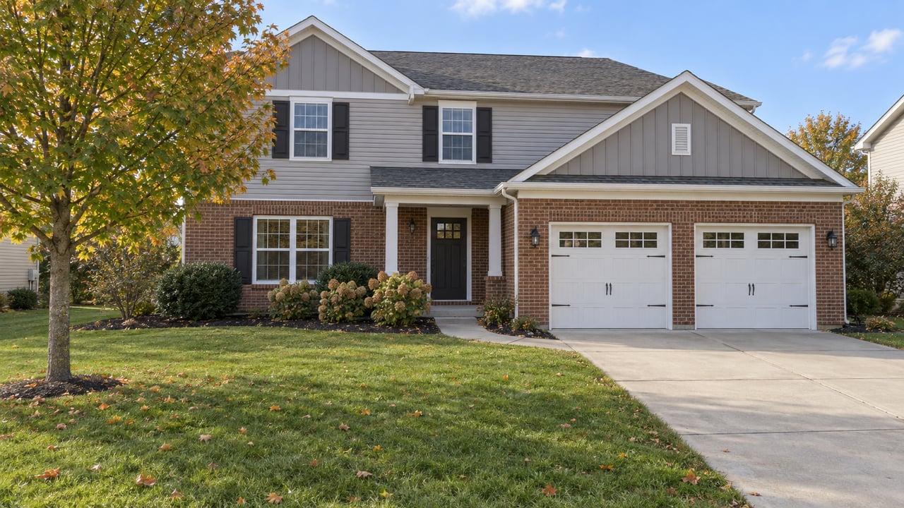 Two-story brick and gray-sided home with white garage doors, a deep autumn lawn, and a covered entry.