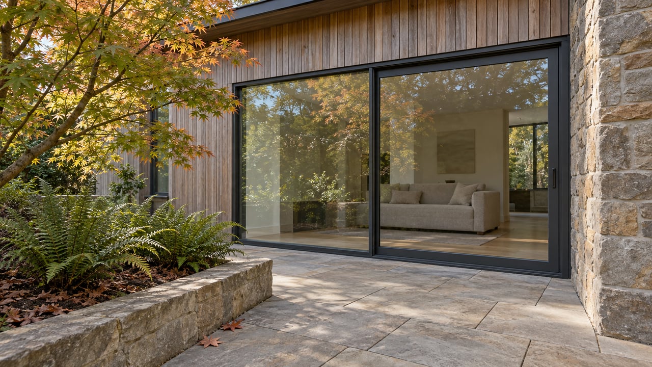 Cedar and sandstone home opening onto a stone garden terrace beside a Japanese maple and sword ferns.