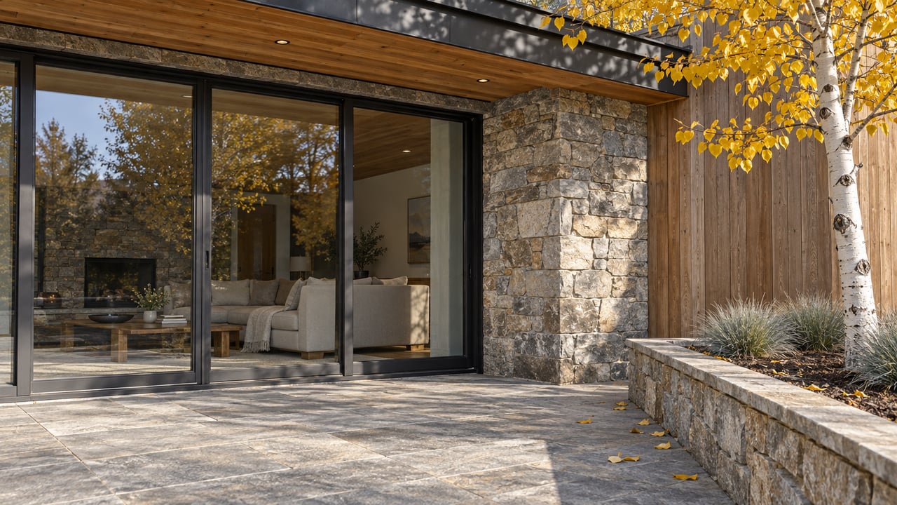 Autumn light on a cedar-and-stone residence with closed glass doors, a paved terrace and a golden-leaved aspen in a raised stone bed.
