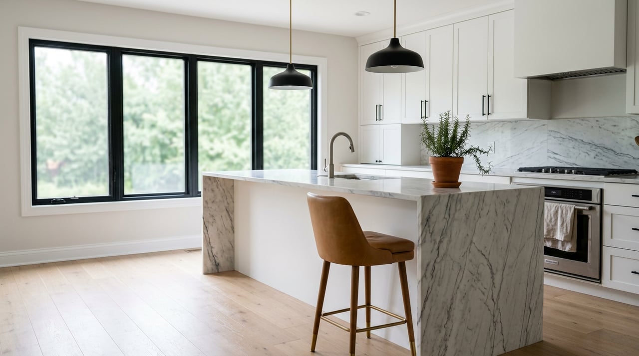 Renovated kitchen with a veined marble island, white cabinetry, black-framed windows, and a tan leather stool.