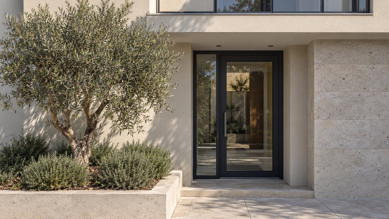 Recessed glass condominium entrance beneath a balcony, with an olive tree and low shrubs in a raised planter.