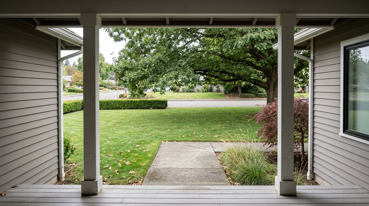 Suburban porch frames a mowed lawn, with a broad oak canopy, red Japanese maple, and boxwood hedge beyond.