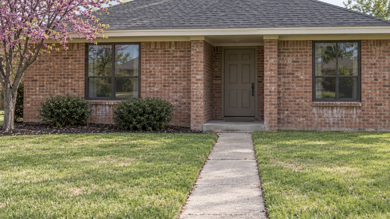 Brick suburban house with recessed front door, lawn, concrete walk, and a tree at the left edge.