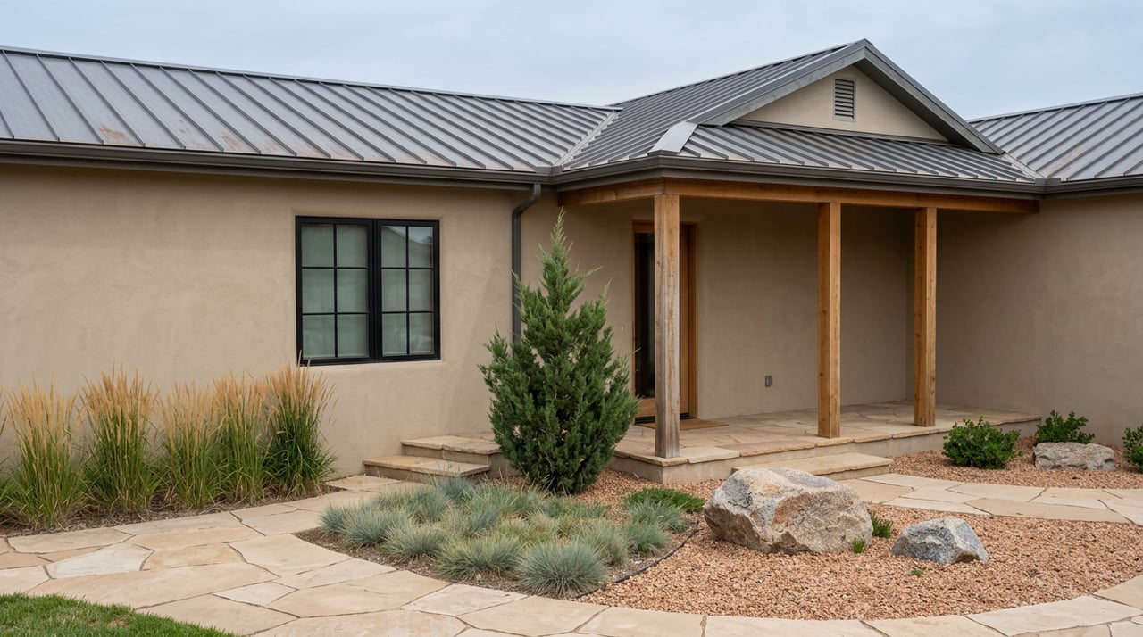 Stucco ranch with charcoal metal roof, gridded window, cedar porch, gravel garden, grasses, and juniper.