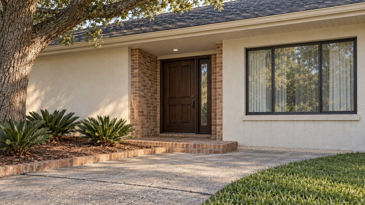 Cream stucco ranch entry with a dark wood door, weathered brick landing, oak limb and coontie planting beside a concrete driveway.