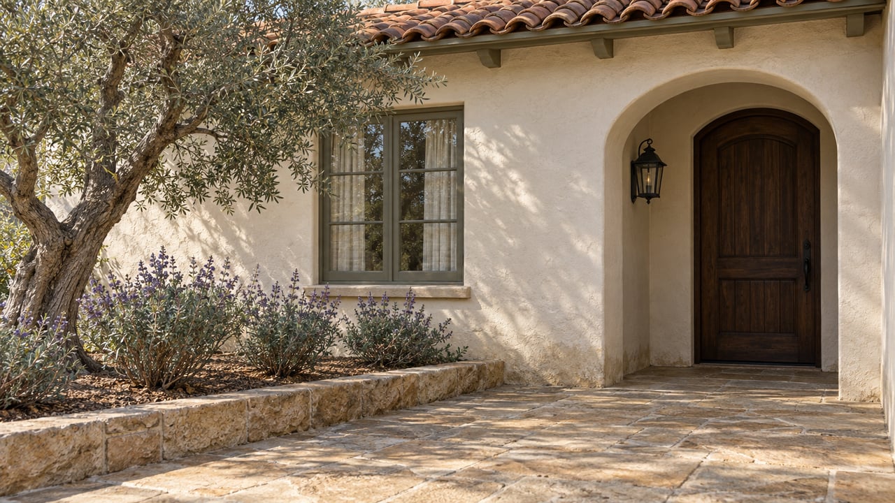 Cream stucco entry with an arched oak door, red clay roof tiles, sandstone paving, and a sculptural olive tree.