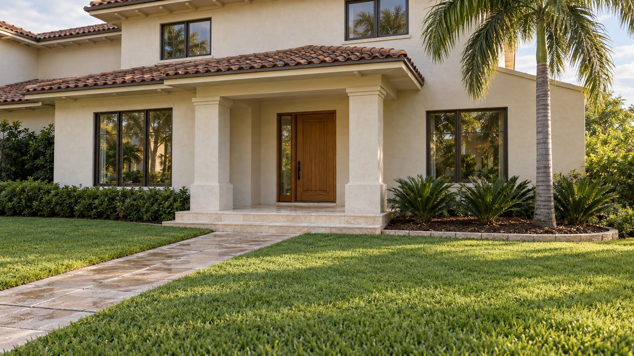 An ivory stucco home with a tiled roof, covered limestone entry, generous lawn and a mature palm in warm afternoon light.