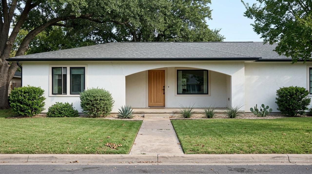 Low-profile stucco ranch with an arched porch beneath mature trees.