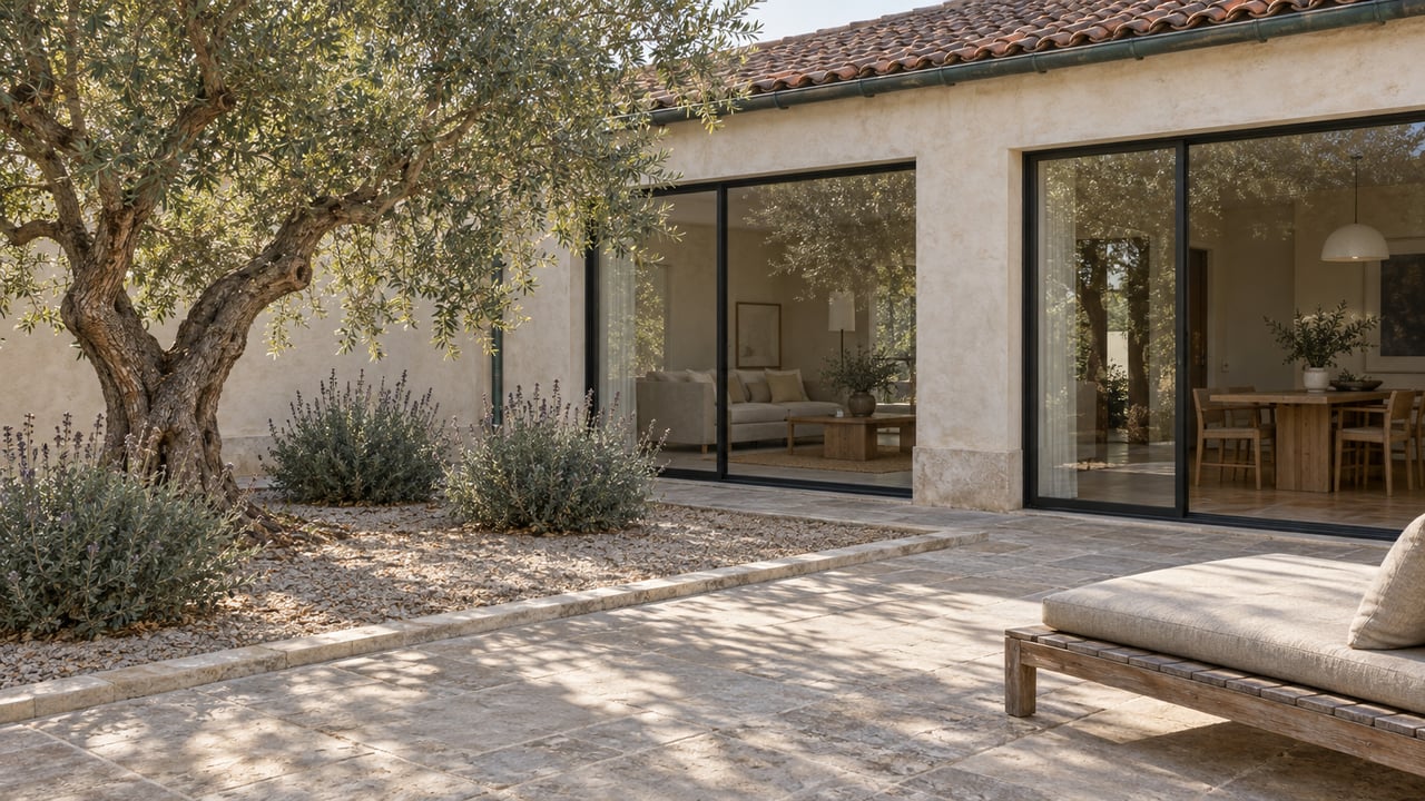 Morning light falls across a limestone terrace, a mature olive tree and the glazed doors of a cream stucco home.