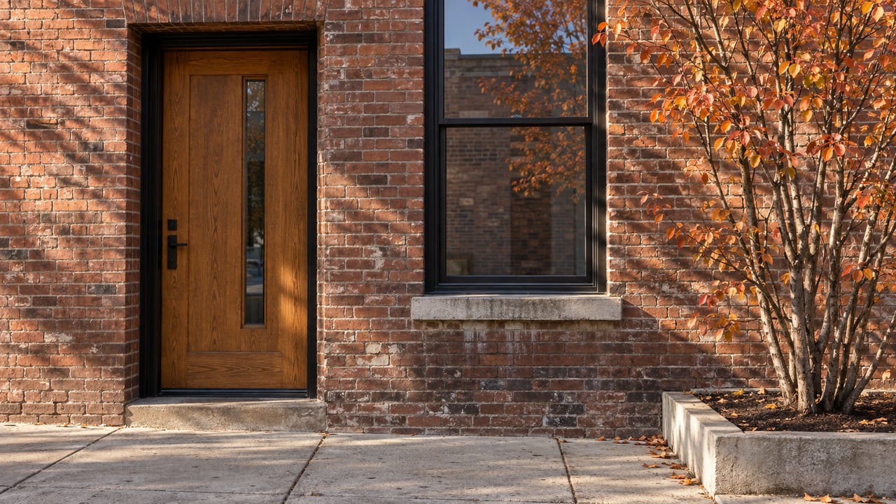 Recessed oak entry beside a black-framed window, with a copper-leaved tree in a masonry planter.
