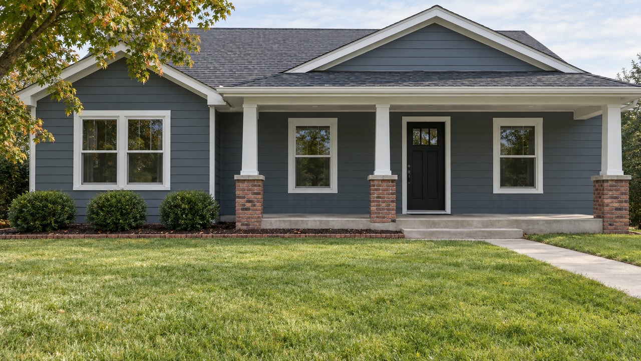 Blue-gray single-story home with a covered porch, white trim, brick porch piers and a deep green front lawn.