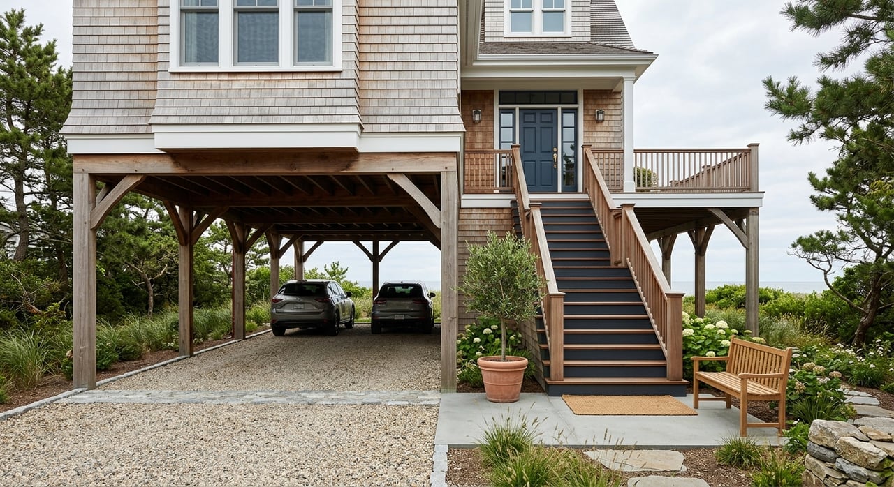 Coastal shingle house with an open carport and an exterior staircase rising to the main floor.