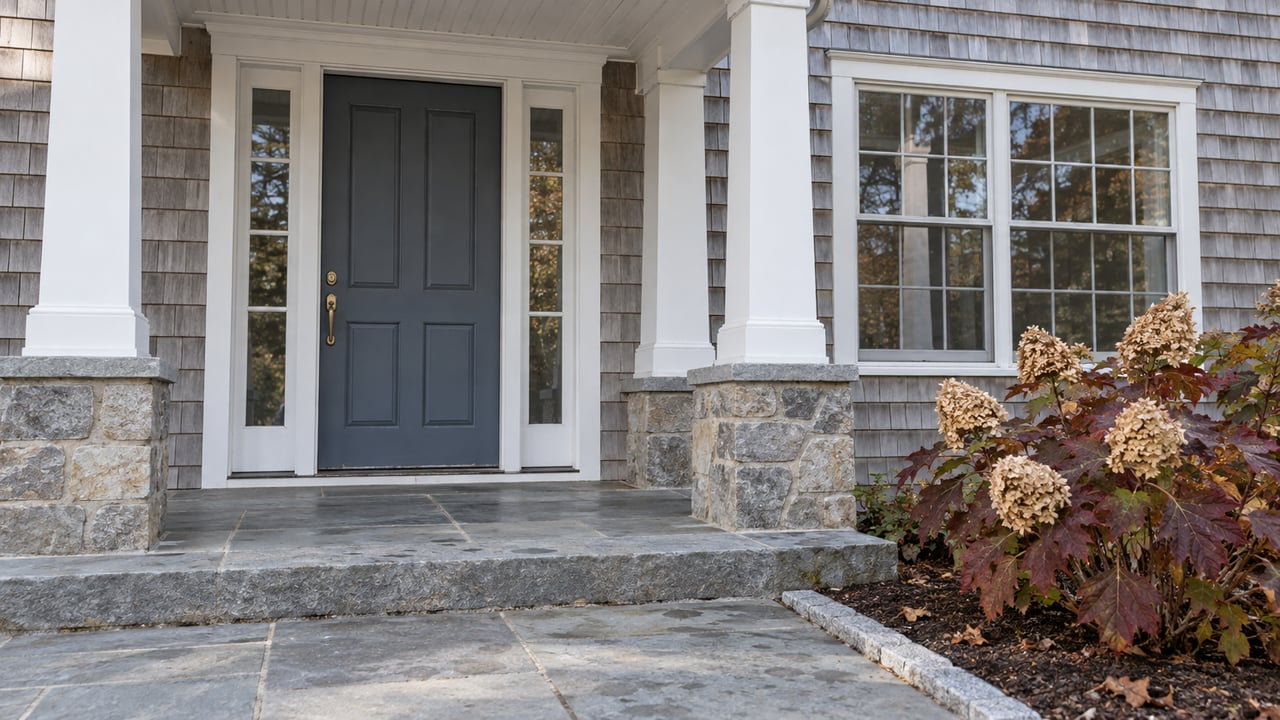 Gray cedar-shingle home with a white-columned porch, slate-blue entry door, bluestone steps and autumn oakleaf hydrangea.