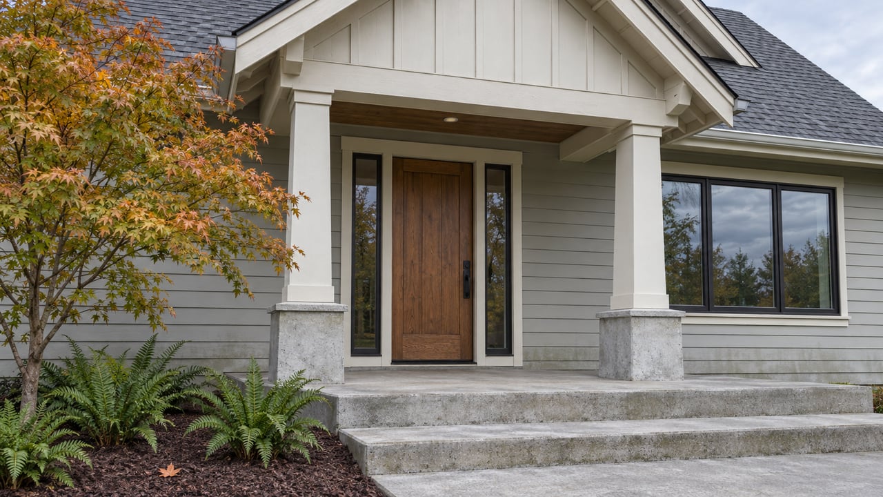 A gabled porch with white siding, an oak entry door, black-framed windows, concrete steps, and an autumn vine maple.