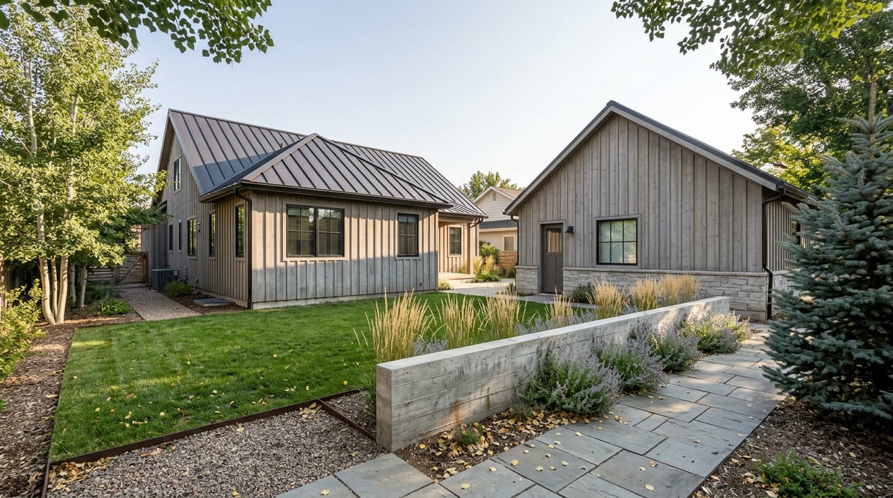 Detached cedar-clad outbuilding and matching main house share a yard, separated by lawn, a low stone wall, and a paved path.