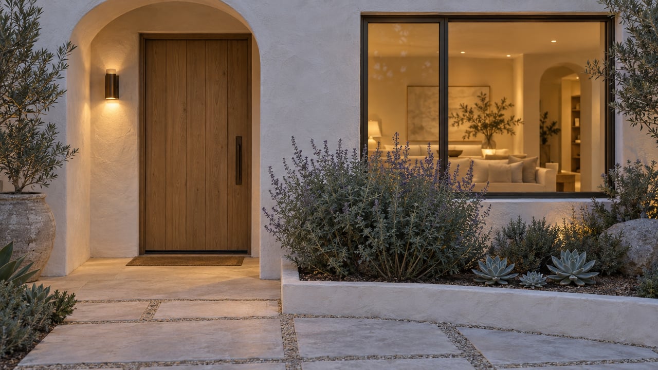 Coastal home entry with an oak door, bronze-framed window, warm sconce, and sparse succulents beside limestone paving.
