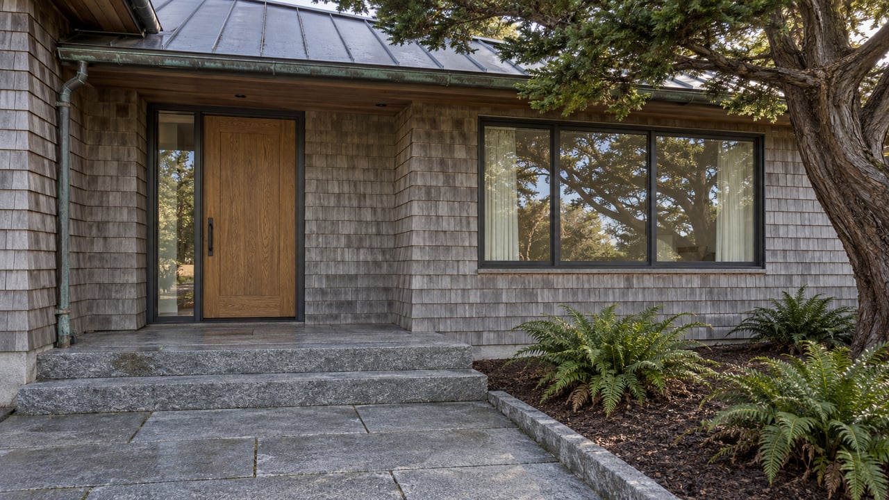 Weathered cedar-shingle home with an oak entry door, granite steps, and a mature sculptural cypress beside the approach.