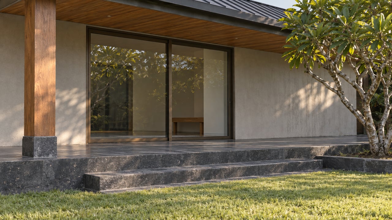 Timber-roofed veranda with bronze-framed glass doors, dark stone steps, and a flowering tree beside a lawn.