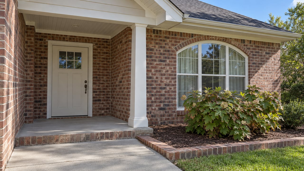 Red-brick home with a shaded cream front door, white porch column and arched window beside an oakleaf hydrangea.