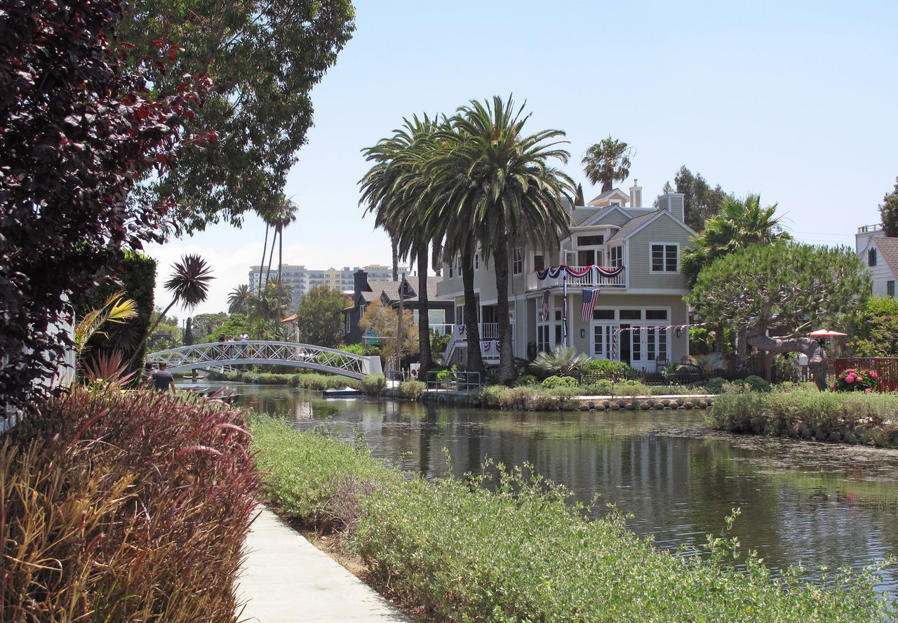 Homes along a Venice canal in Los Angeles, photographed in July 2019