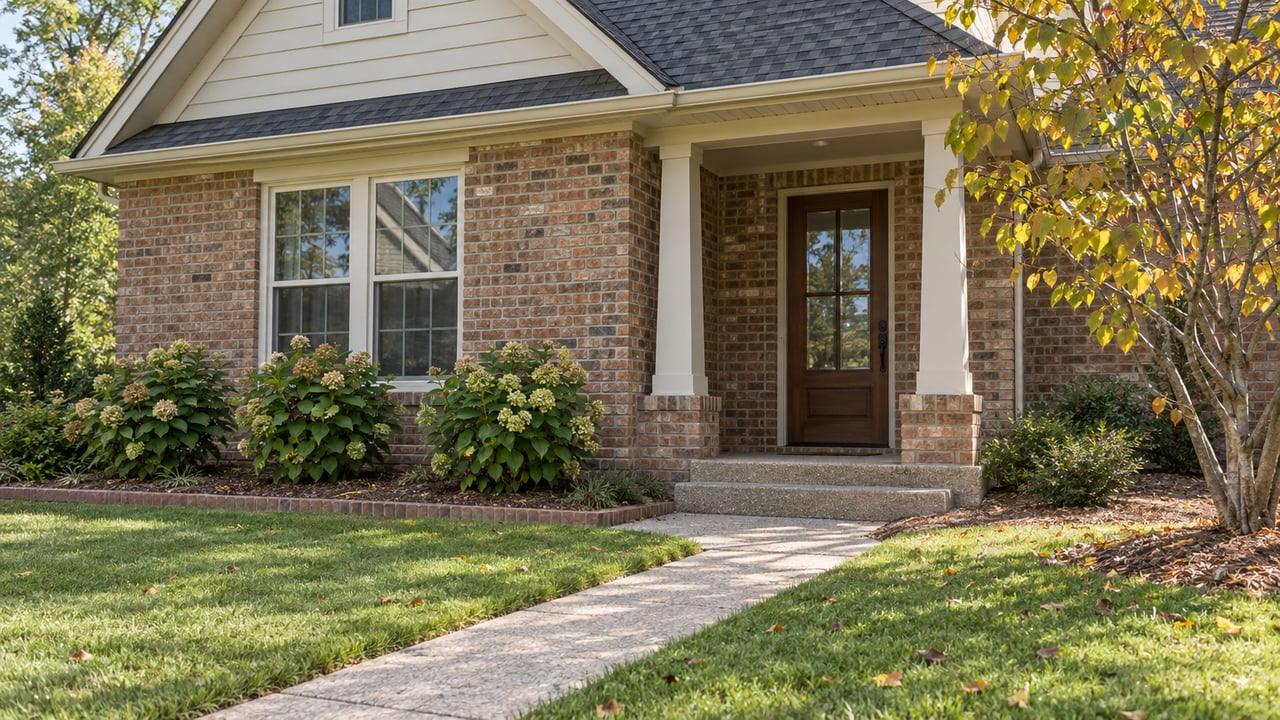 Brick-and-ivory-sided home with a recessed porch, concrete front walk, sloping lawn, oakleaf hydrangeas and a redbud beginning to yellow.