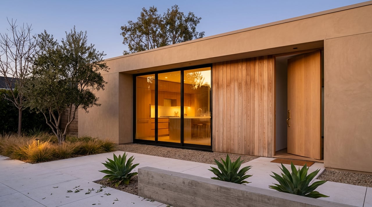 Contemporary home's entry glows through black-framed glass at dusk, with an olive tree and pavers.