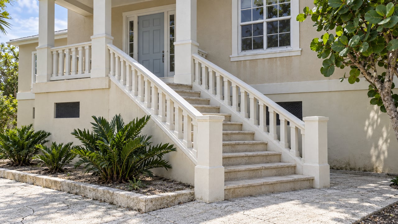 Raised cream-colored home with a broad concrete entry stair, paired porch columns and carefully edged planting.