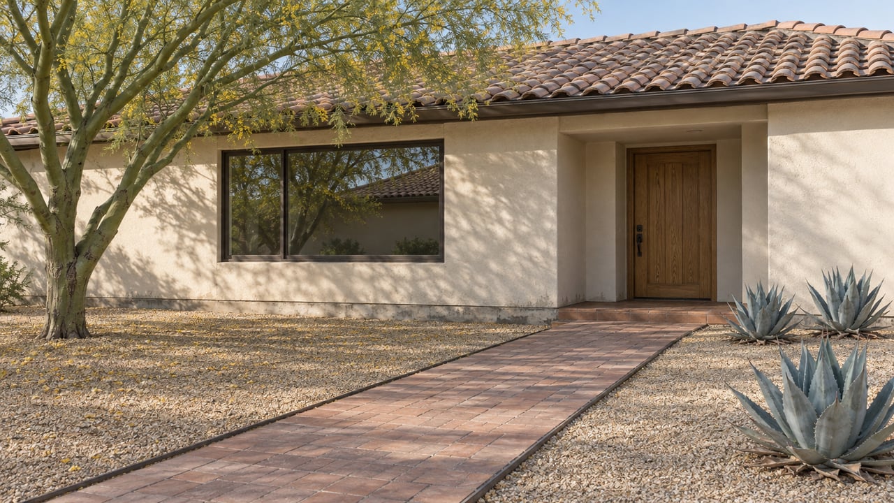 Morning sunlight across a gravel front garden, clay-paver walk, and cream stucco home with a tile roof and green-trunk tree.