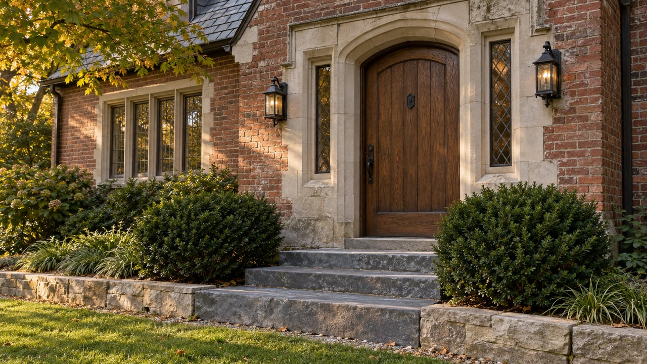 Recessed arched oak door in a red-brick house, flanked by leaded-glass sidelights and yew shrubs.