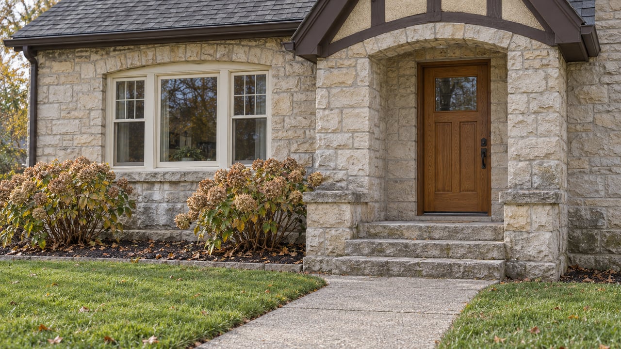 Cream limestone bungalow entrance with a timber-trimmed gable, oak door, weathered stone steps and autumn hydrangeas beside a concrete walk.