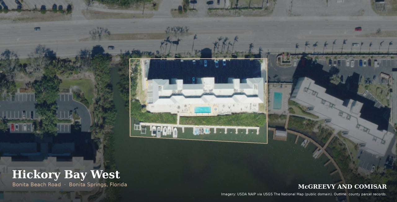 Hickory Bay West condominium, 4895 Bonita Beach Road, Bonita Springs, Florida, aerial outlined from county parcel records