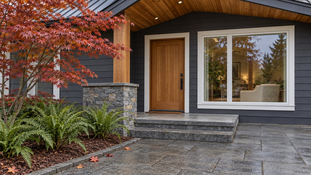 Covered cedar entry of a charcoal-sided home, with basalt steps, a red-leaved vine maple, and sword ferns.