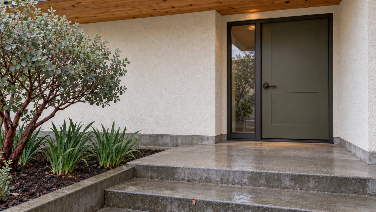 An olive front door and bronze-framed sidelight beneath a cedar soffit, with damp concrete entry steps and sculptural manzanita beside off-white stucco.